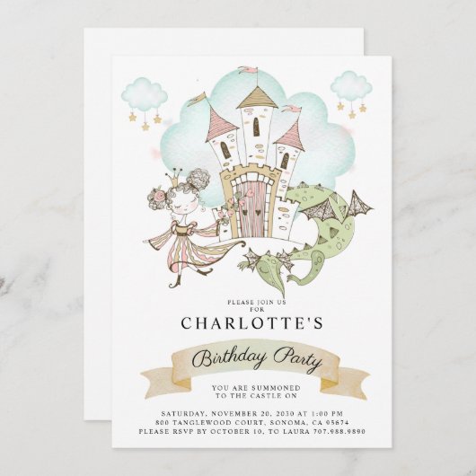水彩プリンセス誕生日パーティー 招待状 (正面/裏面)