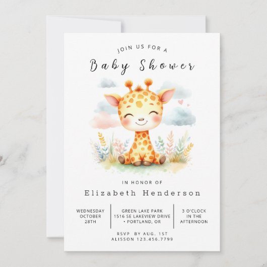 水彩プリントのキリン 赤ちゃんシャワー 招待状 (正面)