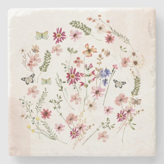 水彩プレス&ドライワイルドフラワーフローラ ストーンコースター (正面)