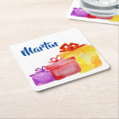 水彩プレゼントは黄色、紫、赤、 スクエアペーパーコースター (アングル)