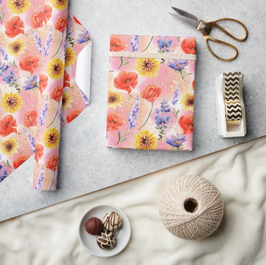 水彩プロヴァンスワイルドフラワーフローラルパターン ラッピングペーパー (クラフト)