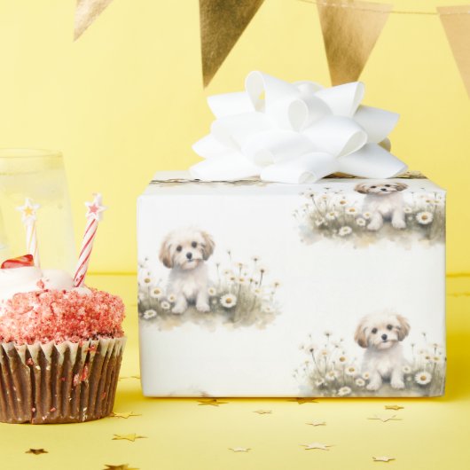 水彩プードルインデイジー ラッピングペーパー (誕生日パーティー)