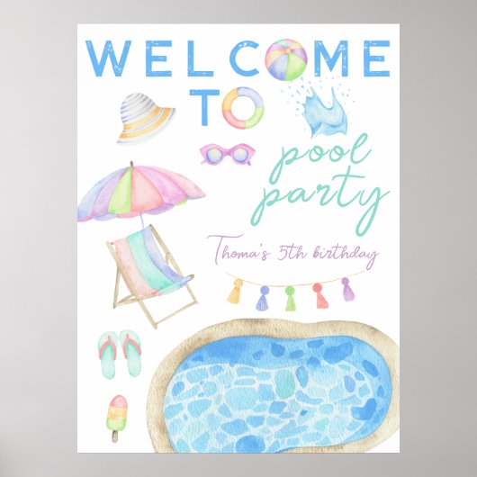 水彩プールパーティー誕生日へようこそ ポスター (正面)