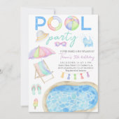 水彩プールパーティー誕生日招待状 招待状 (正面)