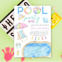 水彩プールパーティー誕生日招待状