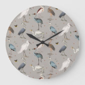 水彩ヘロン鳥エグレ自然模様 ラージ壁時計 (正面)