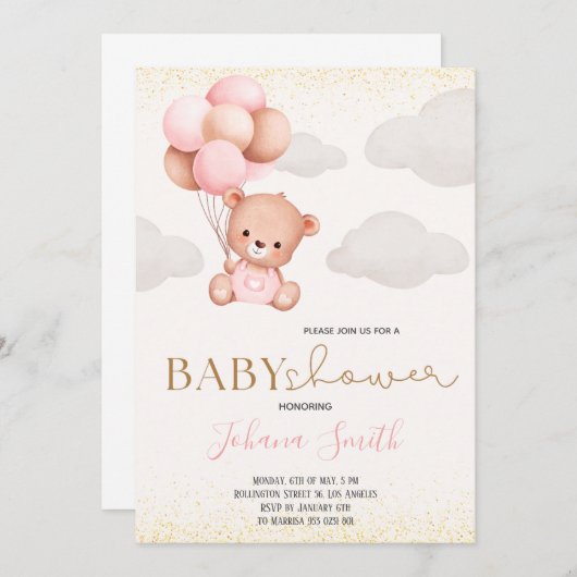 水彩ベアバルーン赤ちゃんシャワー招待状 招待状 (正面/裏面)