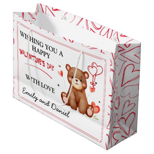 水彩ベアーバレンタインデーのカスタマイズ可能 ラージペーパーバッグ (正面アングル)
