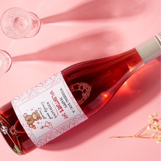 水彩ベアーバレンタインデー ワインラベル