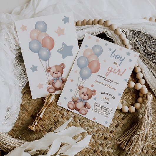 水彩ベアーピンクブルーバルーン性別の表示 招待状