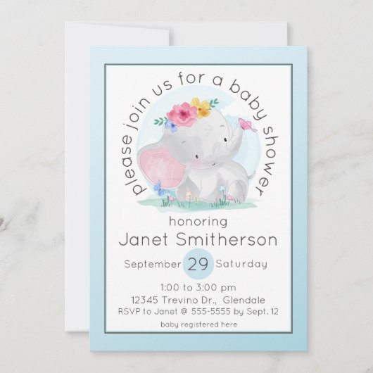 水彩ベイビーゾウと花のベイビーシャワー 招待状 (正面)