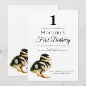 水彩ベイビーダック 1歳誕生日パーティー招待状 招待状 (正面/裏面)