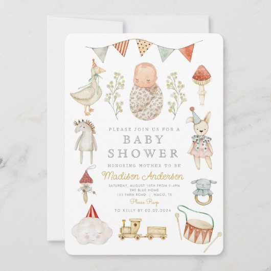 水彩ベビーおもちゃ衣料品ベビーシャワー 招待状 (正面)