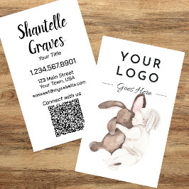 水彩ベビーとバニーQRコード垂直 名刺