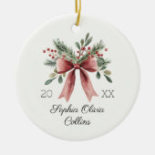 水彩ベビーの初めてのクリスマス名Red 素朴 セラミックオーナメント (正面)