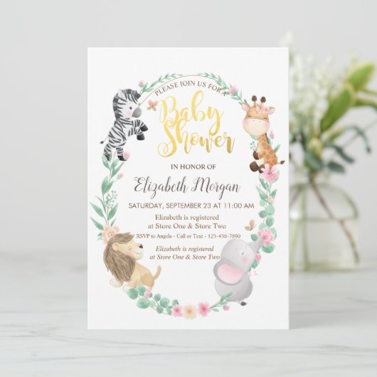 水彩ベビーアニマル点々のあるズシャワー招待状 招待状 (スタンド正面)