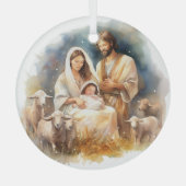 水彩ベビーイエス・キリストとマリアとヨセフ ガラスオーナメント (正面)