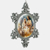 水彩ベビーイエス・キリストとマリアとヨセフ スノーフレークピューターオーナメント (左)