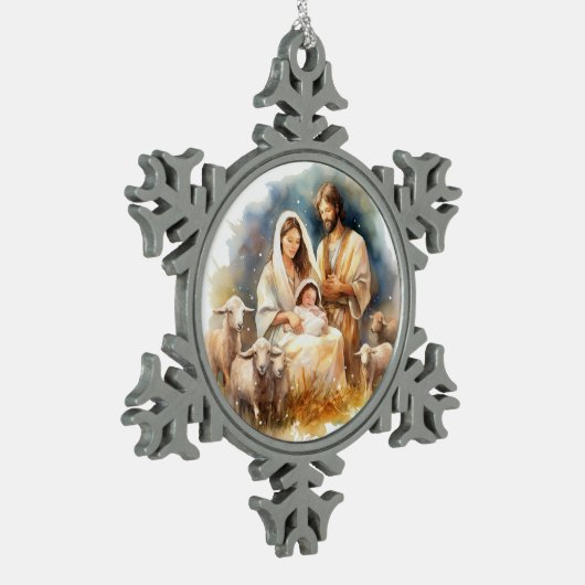 水彩ベビーイエス・キリストとマリアとヨセフ スノーフレークピューターオーナメント (左)