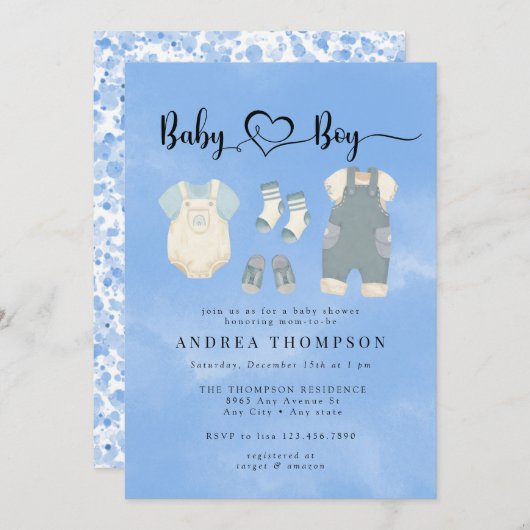 水彩ベビーウェア |男の子の赤ちゃんシャワー 招待状 (正面/裏面)