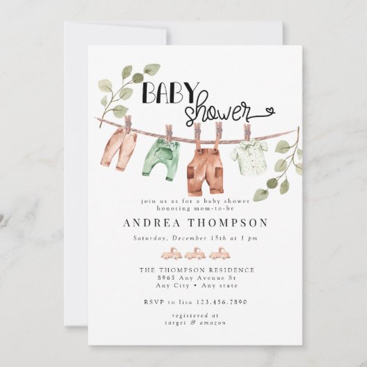 水彩ベビーウェア | Boho BoyBabyシャワー 招待状 (正面)