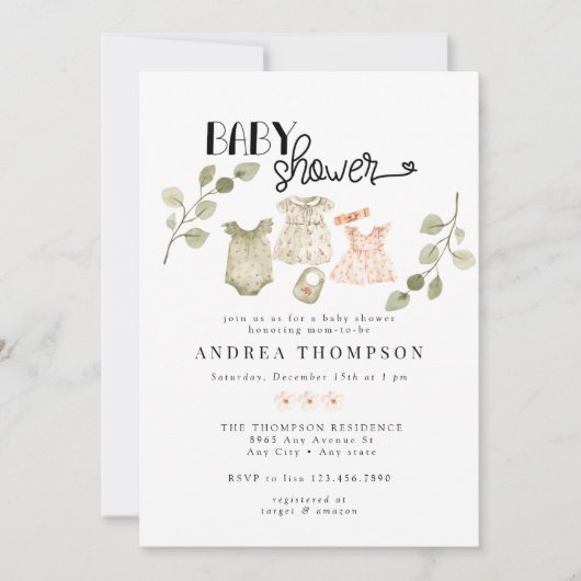 水彩ベビーウェア Boho Girl Baby Shower | Boho Girl 招待状 (正面)