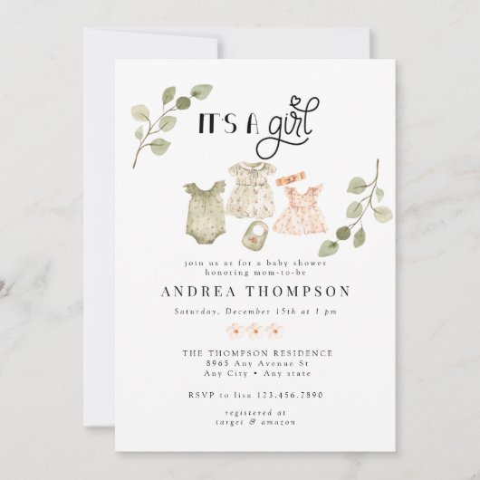 水彩ベビーウェア Boho Girl Baby Shower | Boho Girl 招待状 (正面)