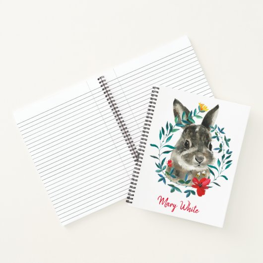 水彩ベビーウサギフローラリース パーソナライズされた ノートブック (内部)