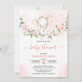 水彩ベビーエレファントピンクガールベビーシャワー 招待状 (正面)