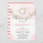 水彩ベビーエレファントピンクガールベビーシャワー 招待状 (正面/裏面)