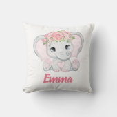 水彩ベビーエレファントピンクフローラガール子供部屋 クッション (正面)