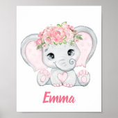 水彩ベビーエレファントピンクフローラガール子供部屋 ポスター (正面)