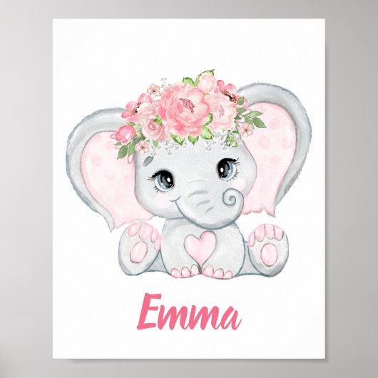 水彩ベビーエレファントピンクフローラガール子供部屋 ポスター (正面)