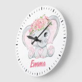 水彩ベビーエレファントピンクフローラガール子供部屋 ラージ壁時計 (傾斜)