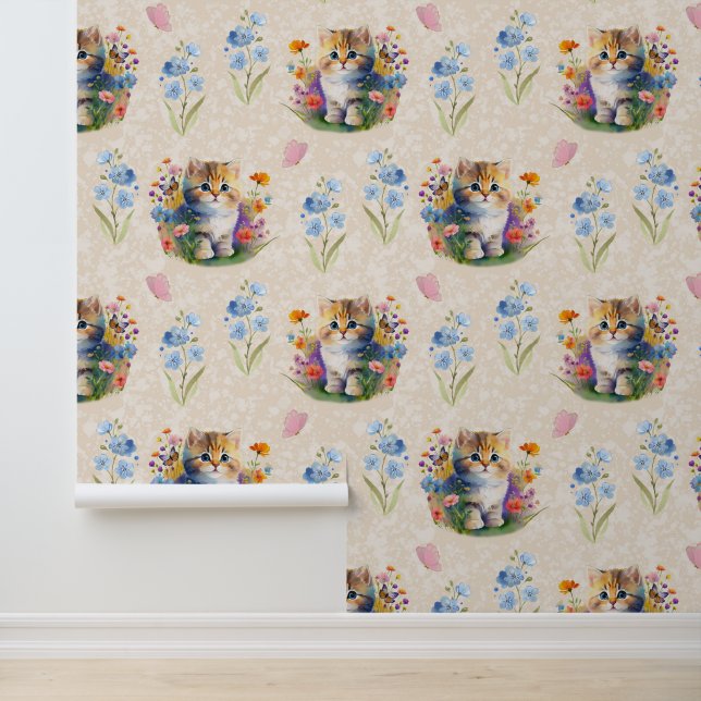 水彩ベビーキッテンキャットフローラバタフライクリーム 壁紙 (アプリケーション)