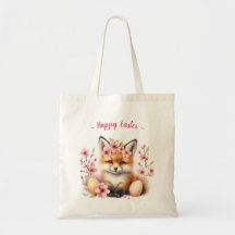 水彩ベビーキツネイースターエッグと花 – 