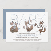 水彩ベビーキツネブルーブラウンベビーシャワー 招待状 (正面/裏面)