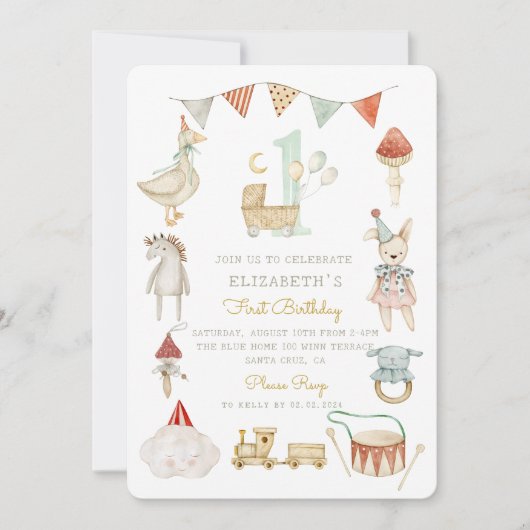 水彩ベビーキノコお洒落第1誕生日 招待状 (正面)