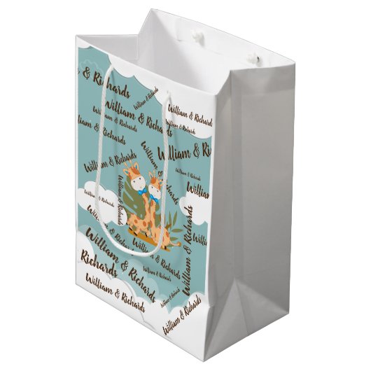 水彩ベビーキラフェサファリツインズ誕生日 ミディアムペーパーバッグ (正面アングル)