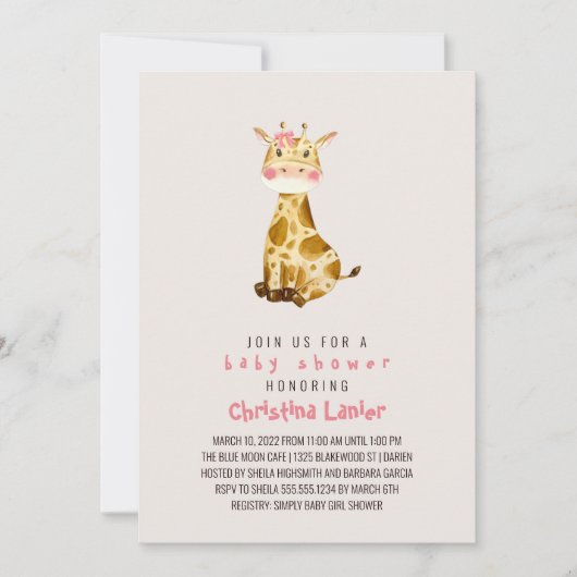 水彩ベビーキリンかわいいお洒落ベビーガール 招待状 (正面)