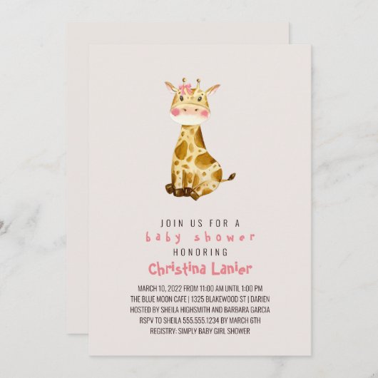 水彩ベビーキリンかわいいお洒落ベビーガール 招待状 (正面/裏面)