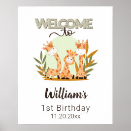 水彩ベビーキリン、サファリアニマルズ誕生日 ポスター