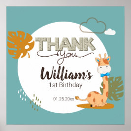 水彩ベビーキリン、サファリアニマルズ誕生日 ポスター