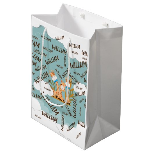 水彩ベビーキリン、サファリアニマルズ誕生日 ミディアムペーパーバッグ (正面アングル)