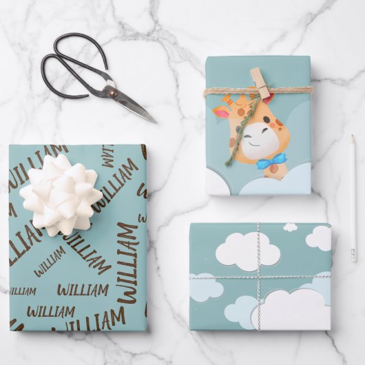 水彩ベビーキリン、サファリアニマルズ誕生日 ラッピングペーパーシート (正面)