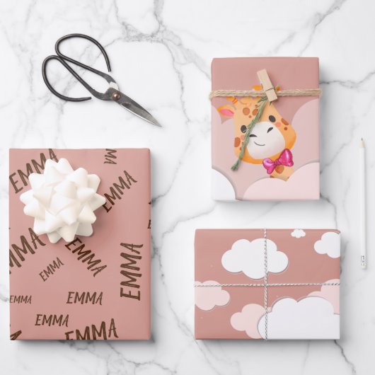 水彩ベビーキリン、サファリアニマルズ誕生日 ラッピングペーパーシート (正面)