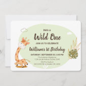 水彩ベビーキリン、サファリアニマルズ誕生日 招待状 (正面)