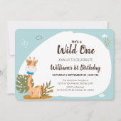 水彩ベビーキリン、サファリアニマルズ誕生日 招待状 (正面)