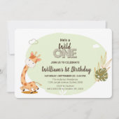 水彩ベビーキリン、サファリアニマルズ誕生日 招待状 (正面)