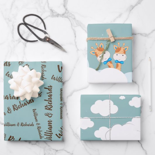 水彩ベビーキリン、サファリツイン誕生日 ラッピングペーパーシート (正面)